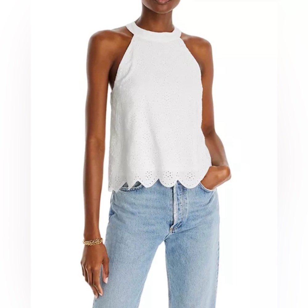 Aqua White Eyelet Halter Scallop Hem Tank